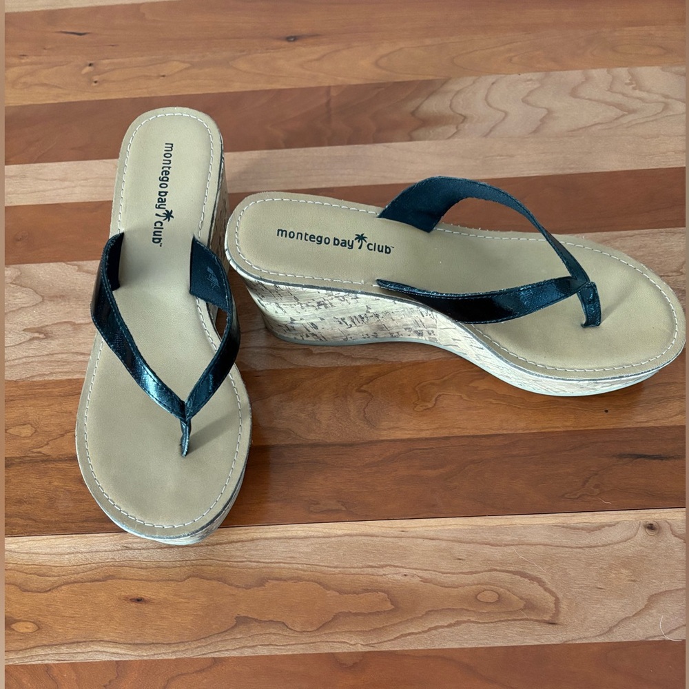 Montego Bay Club Black and Tan Wedge Sandals